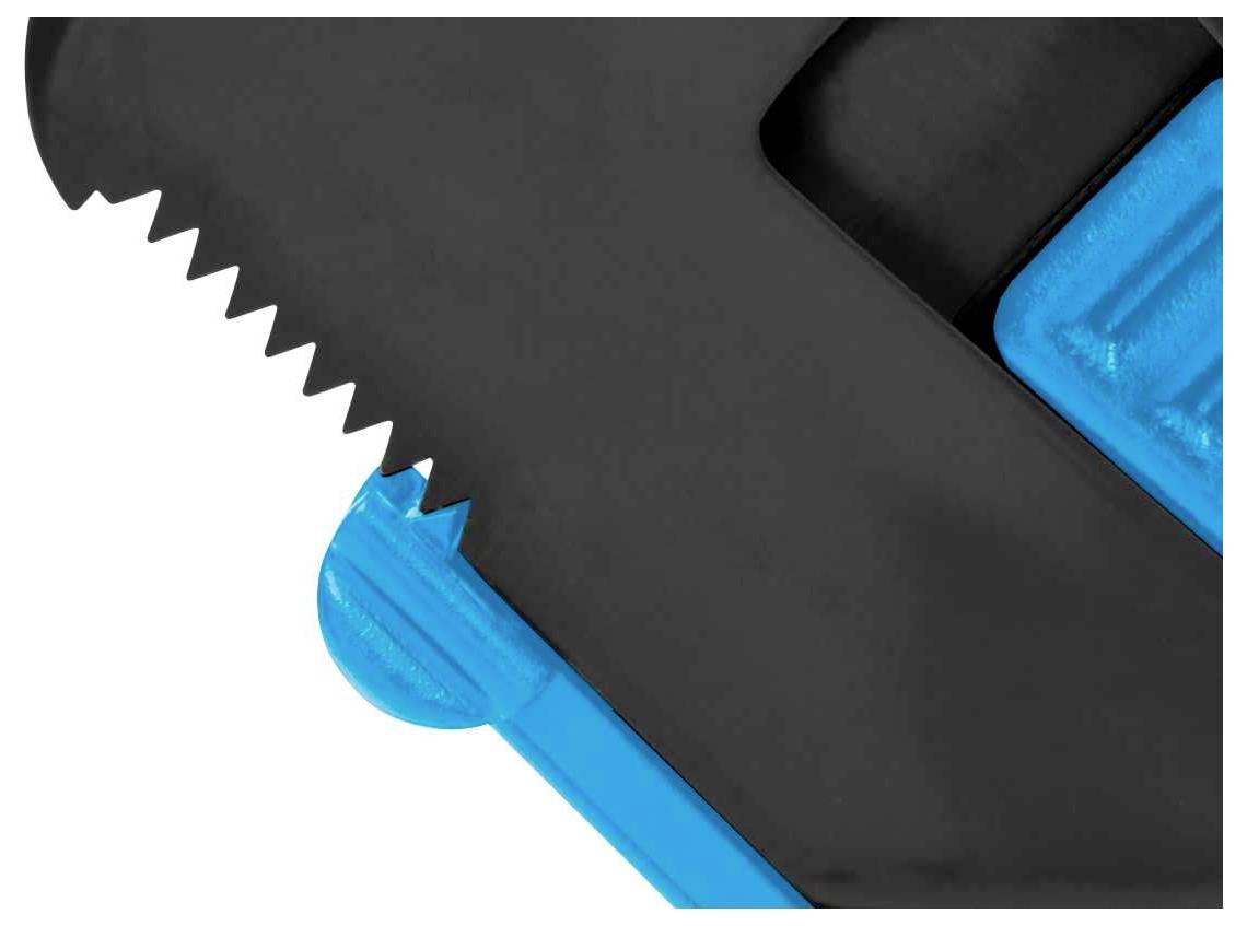 An adjustable spanner with a serrated edge and blue handle, photographed in close-up.