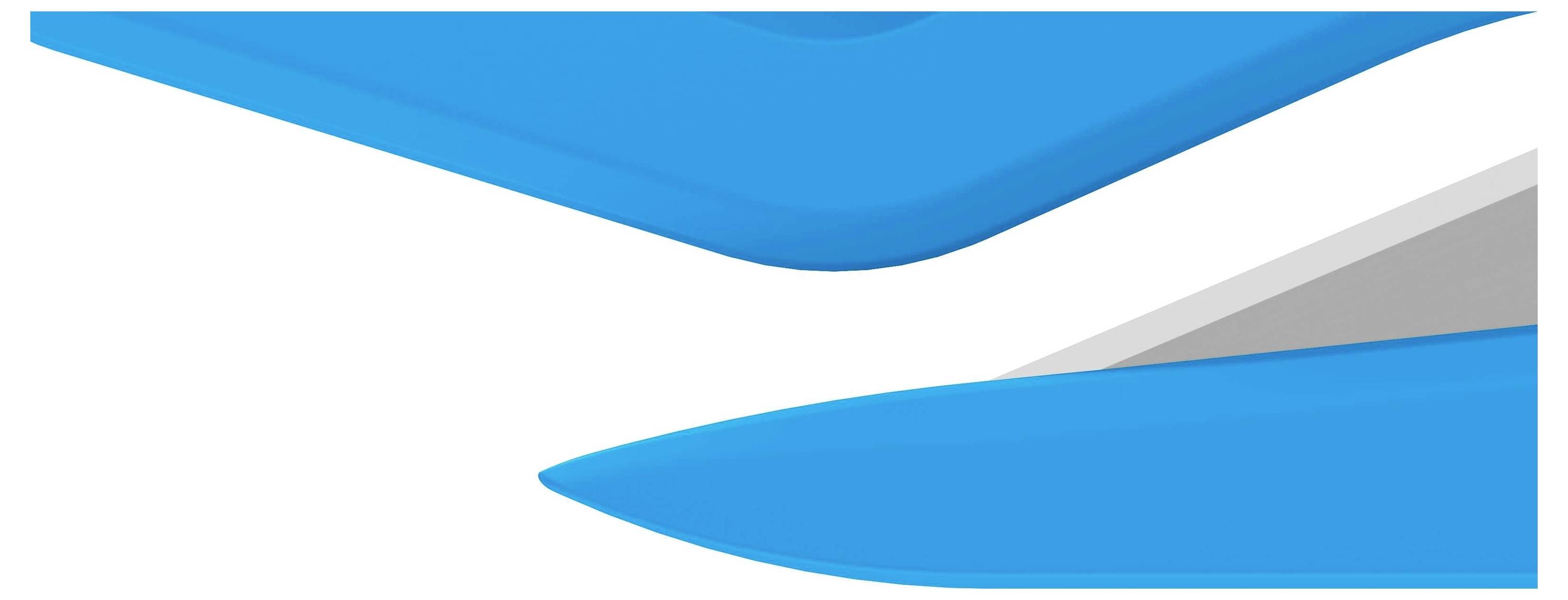 Two blue geometric shapes almost touch on a white background. The upper shape is rectangular, the lower one tapering to a point.