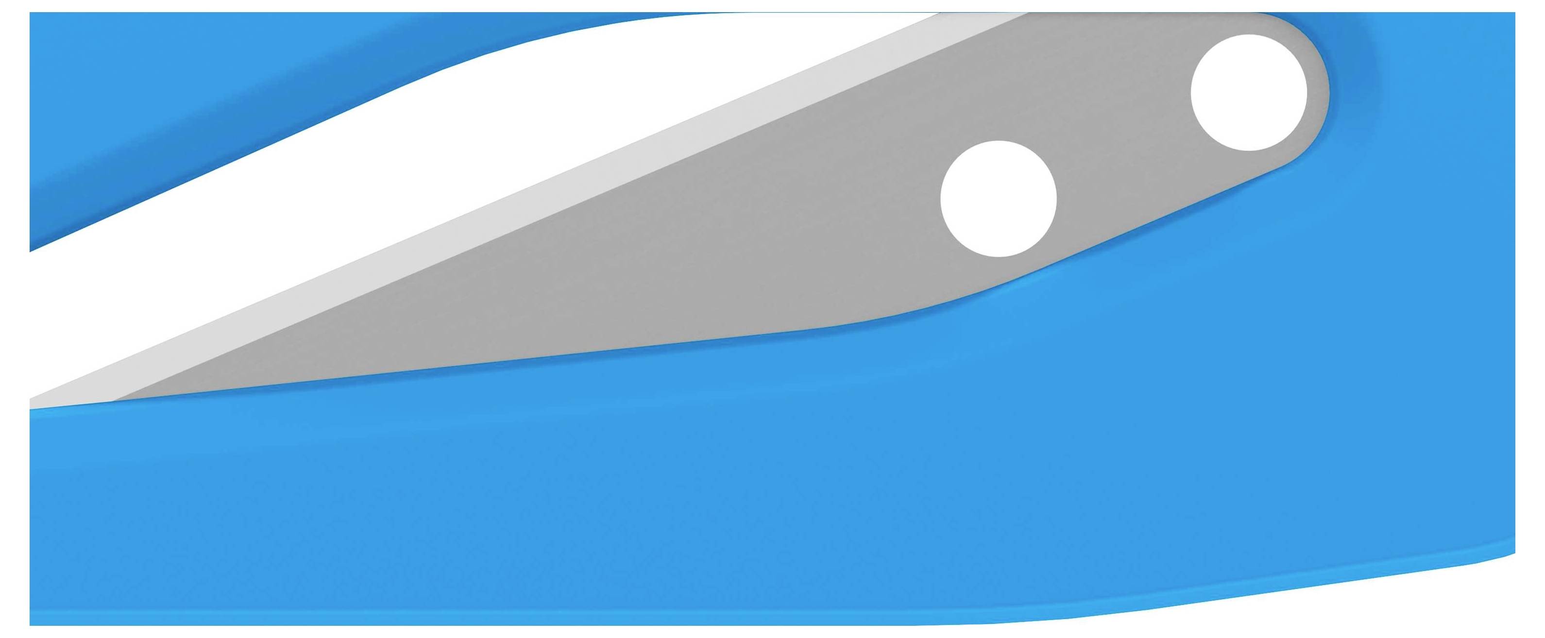 Close-up of a blue pair of scissors, slightly open, revealing metal blades.