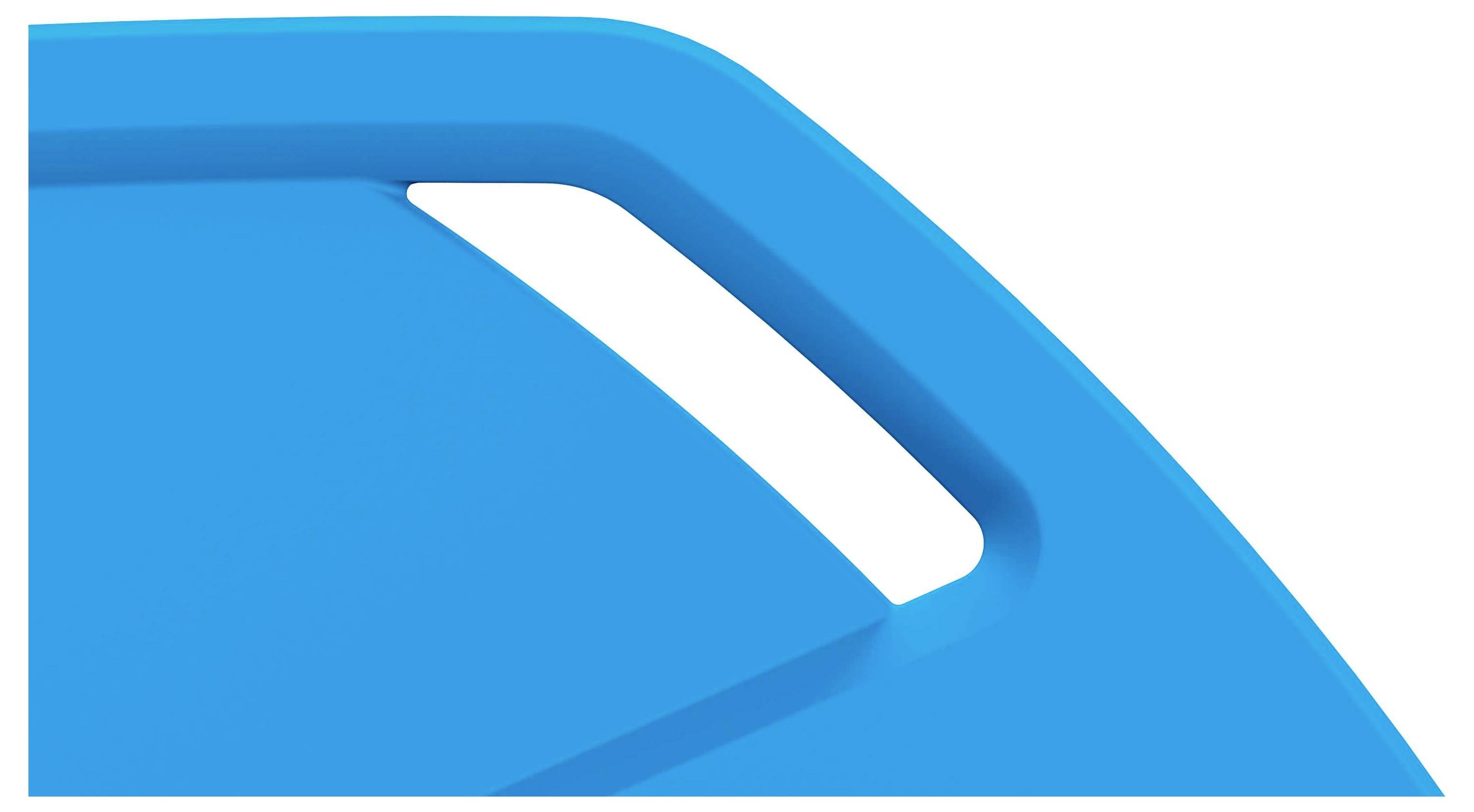 Blue plastic cut-out against a white background, showing an angled edge and an opening.