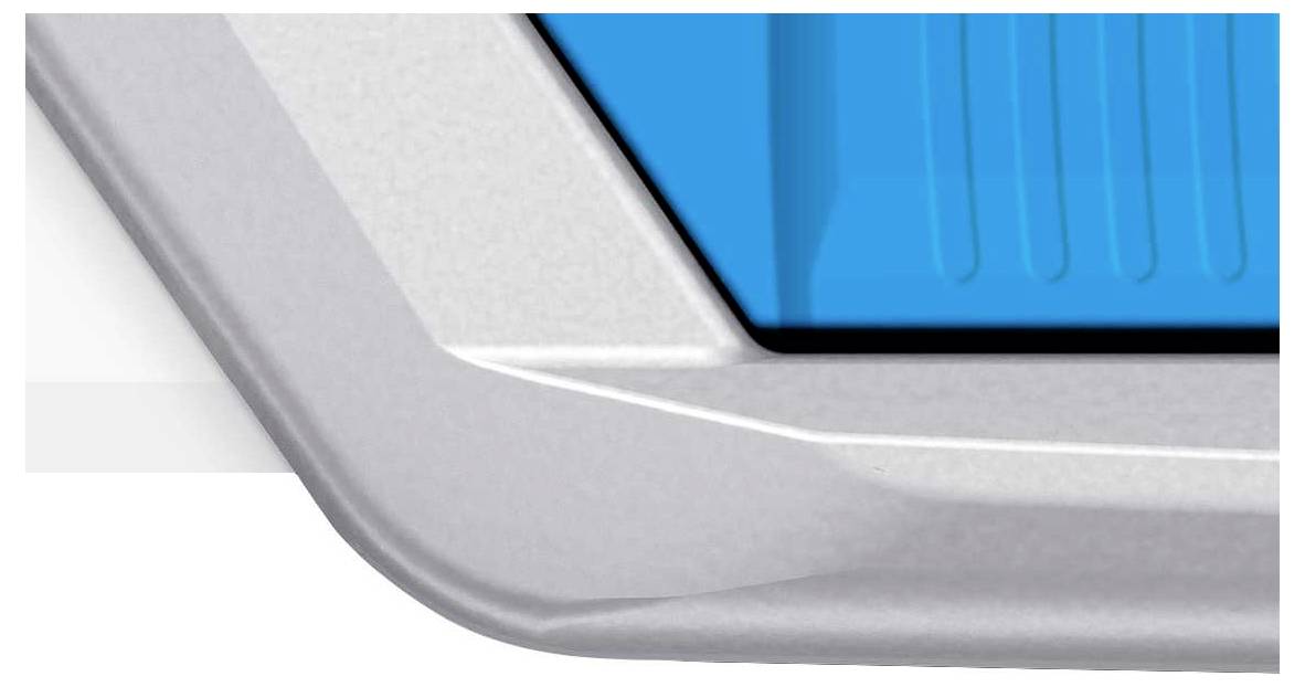 A grey frame surrounds a blue background.