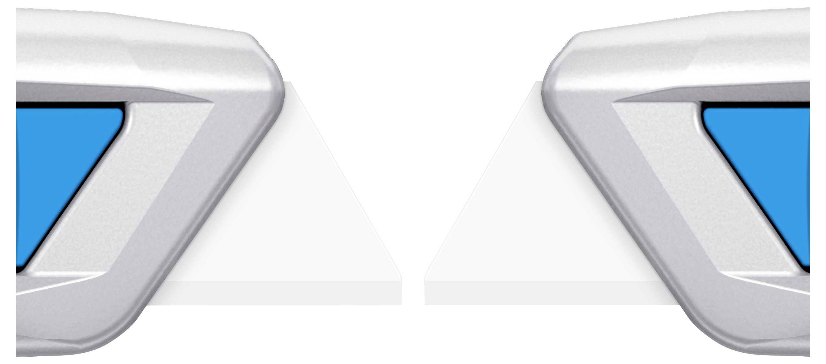 Two silver, triangular shapes with blue inner surfaces facing each other on a white background.