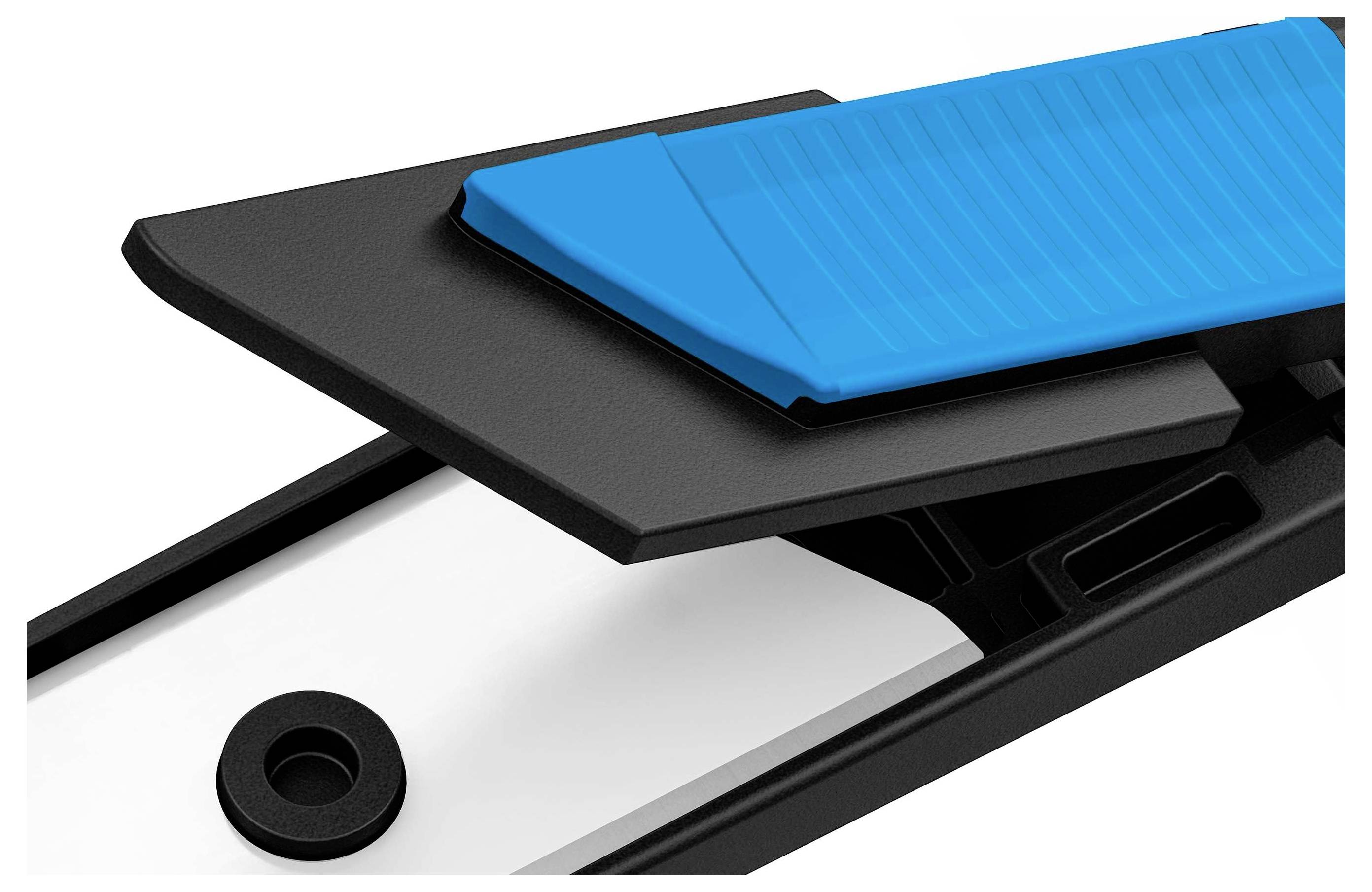 A blue, rectangular lever on a black base. The lever appears suitable for pushing or pressing.