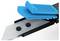 A safety knife with a retractable blade and blue safety guard.