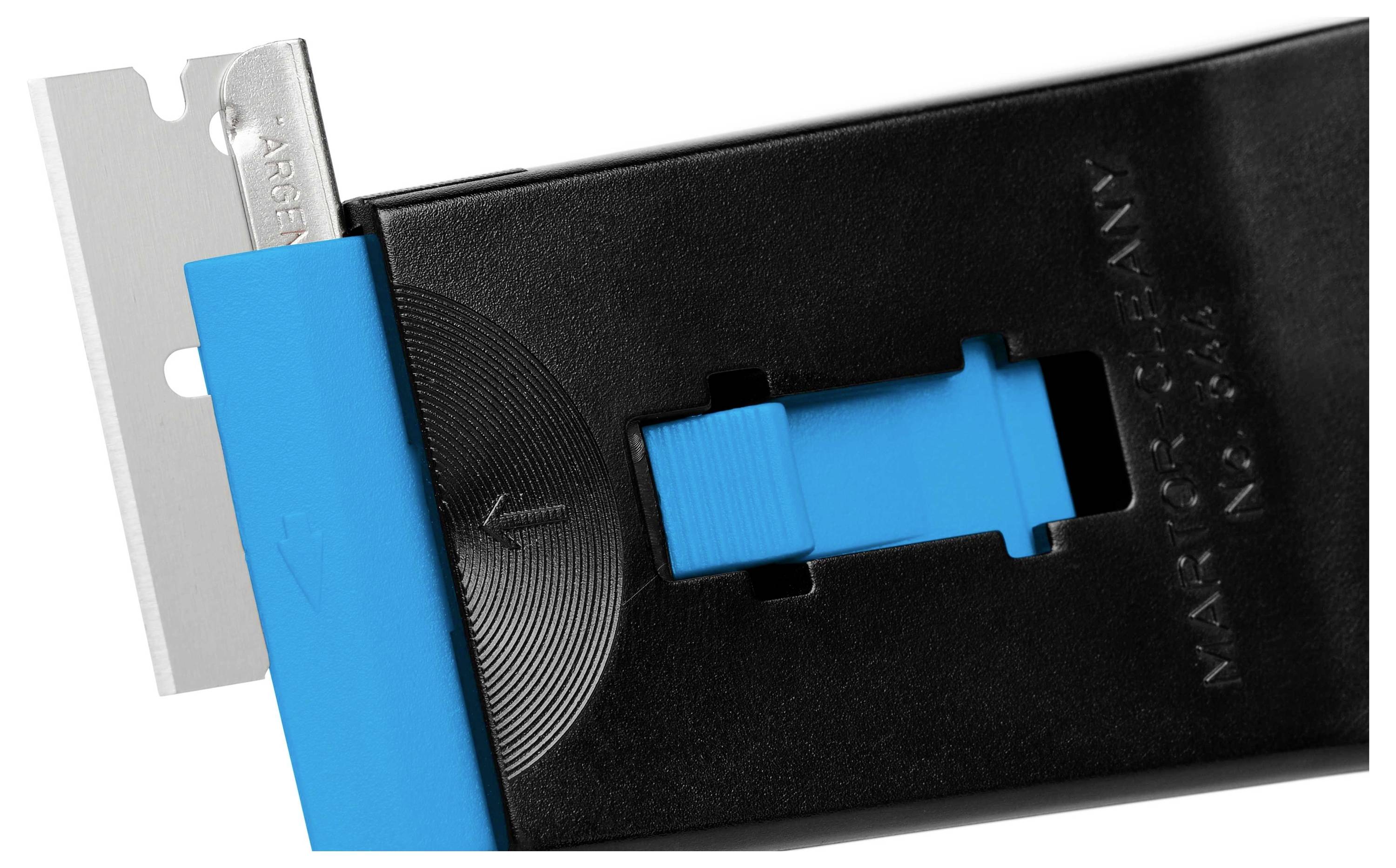 Black and navy blue razor blade dispenser with inserted blade and arrow indicating removal or insertion of the blade.