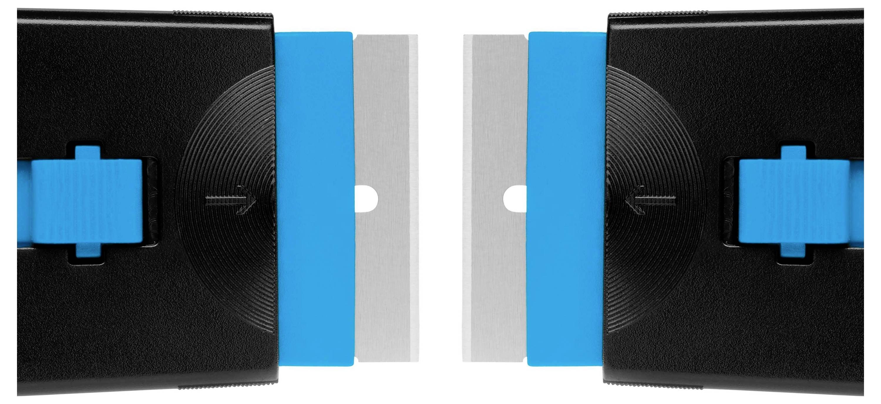 Two identical metal blades with blue holders meeting together and held by black handles.