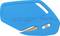 Blue safety box cutter with protective blade, brand name and address engraved on it, cuts cardboard safely.