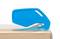 Blue, ergonomic box cutter safely slices tape on a brown cardboard box. Cutting blade is protected.