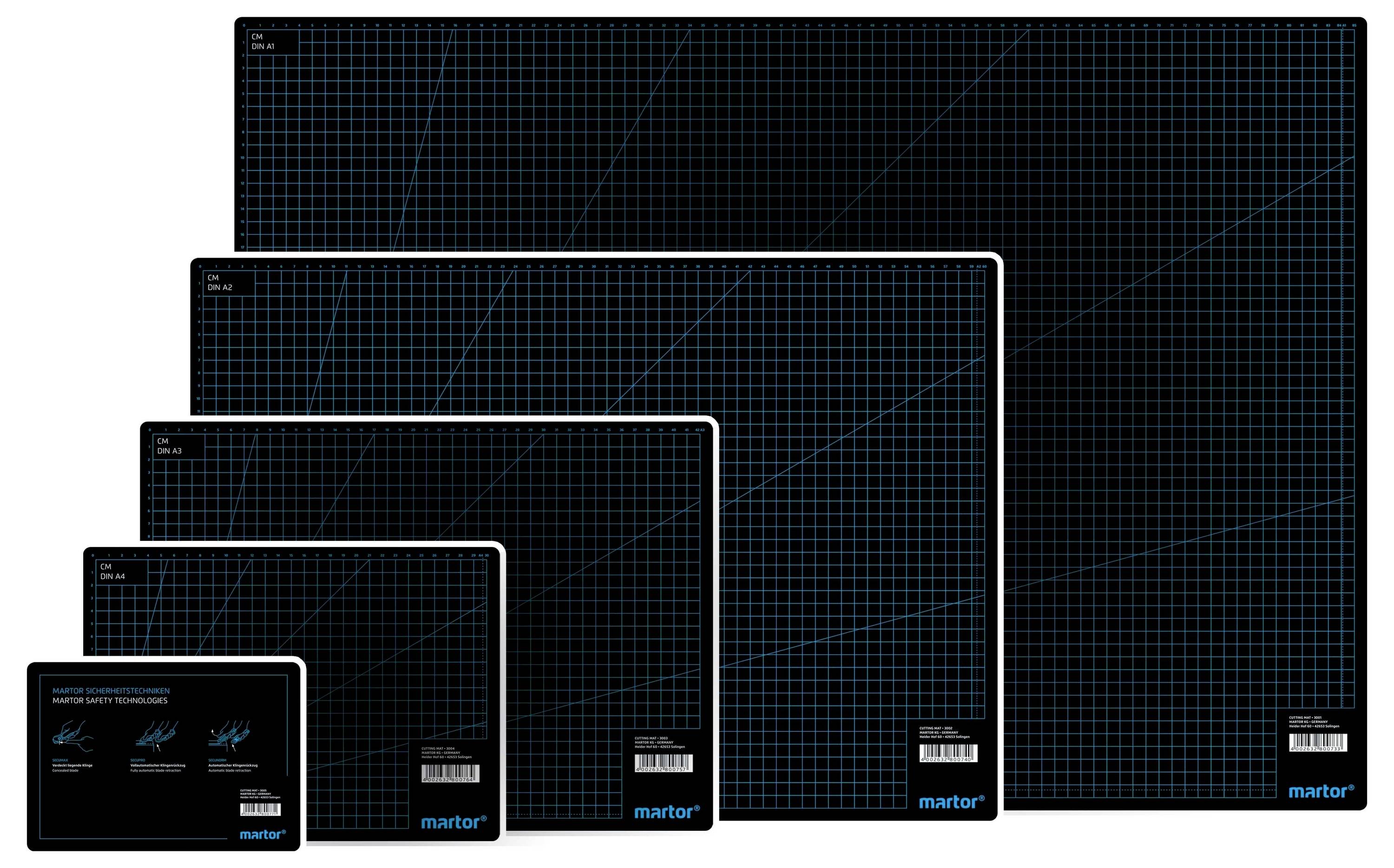 Five dark cutting mats in various sizes, arranged from small to large. Each has a grid pattern and a brand inscription.