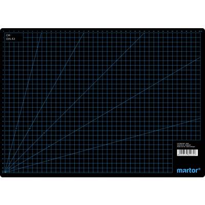 Black cutting mat in A3 format with blue grid lines and angle markings. The 'martor' logo is located in the corner.