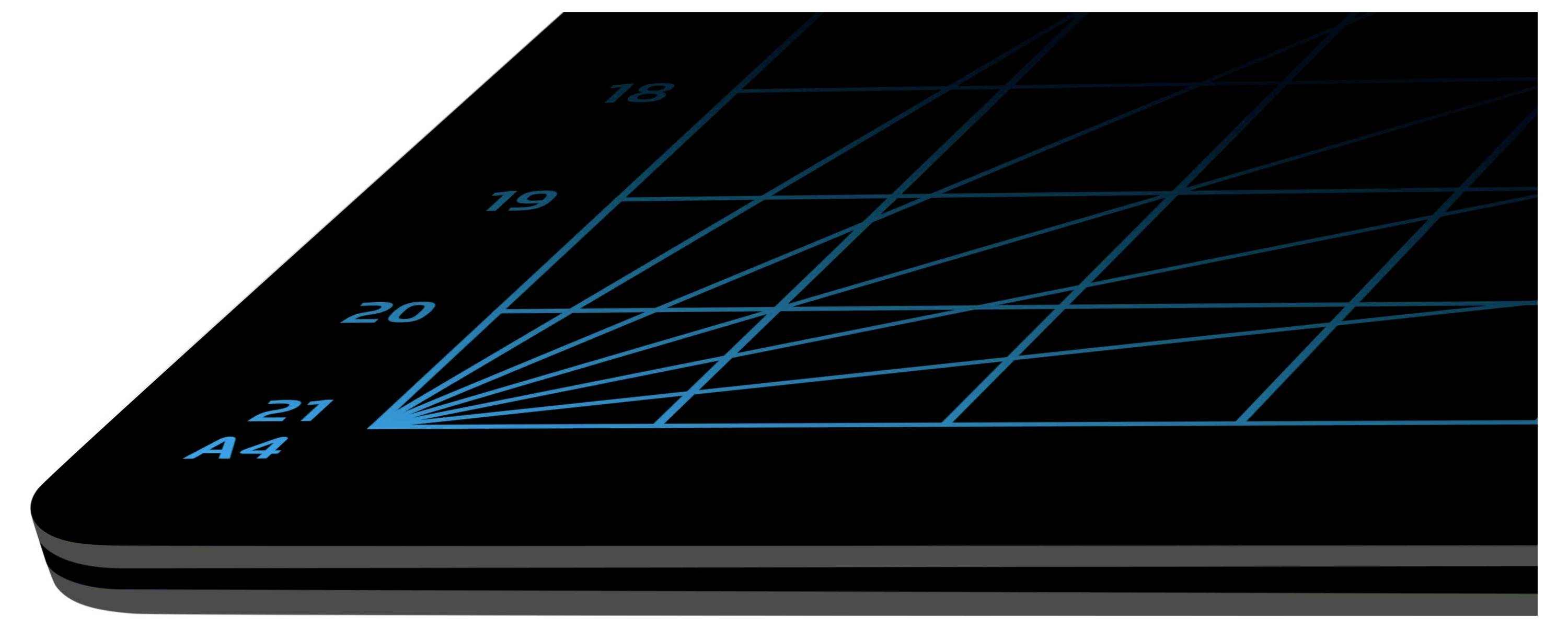 A black tablet beneath a dark tabletop. There are illuminated blue diagram lines, connected to A4, 18, 19, 20 and 21.