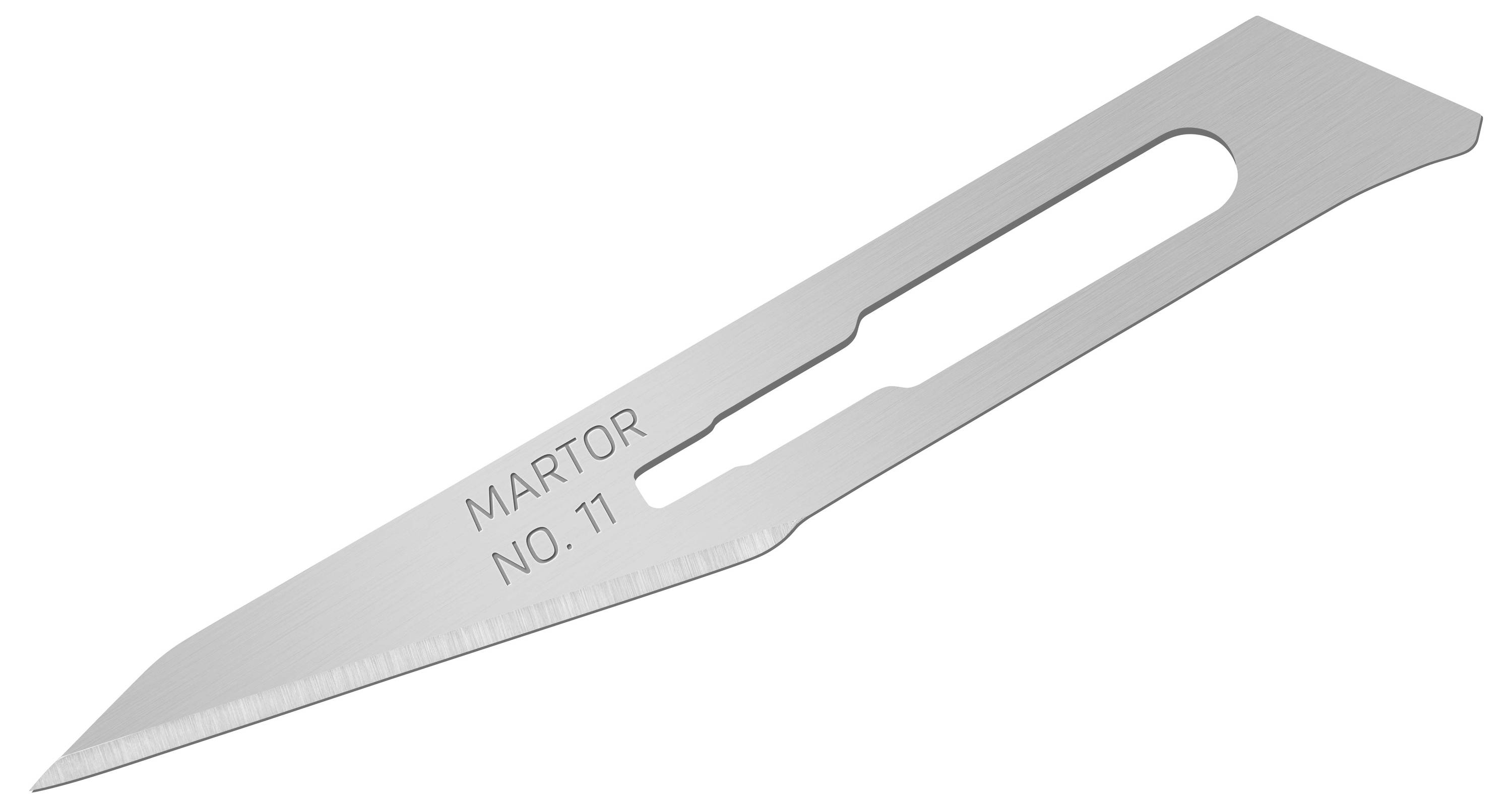 A scalpel-like blade knife with 'MARTOR NO. 11' imprinted on the surface, primarily used for fine cutting work.