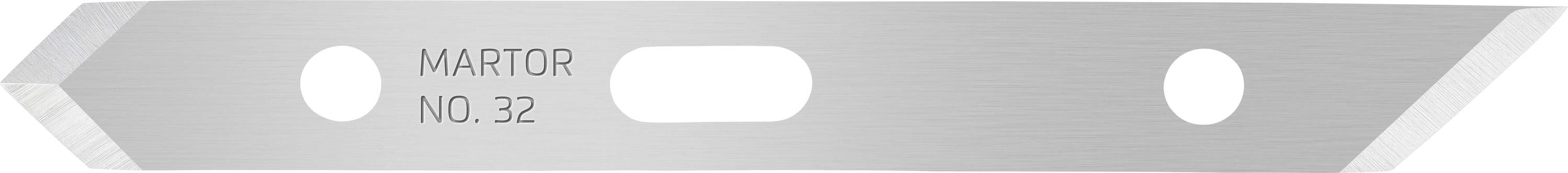 A blade with the inscription 'MARTOR NO. 32', featuring two openings and a silver, shiny surface.
