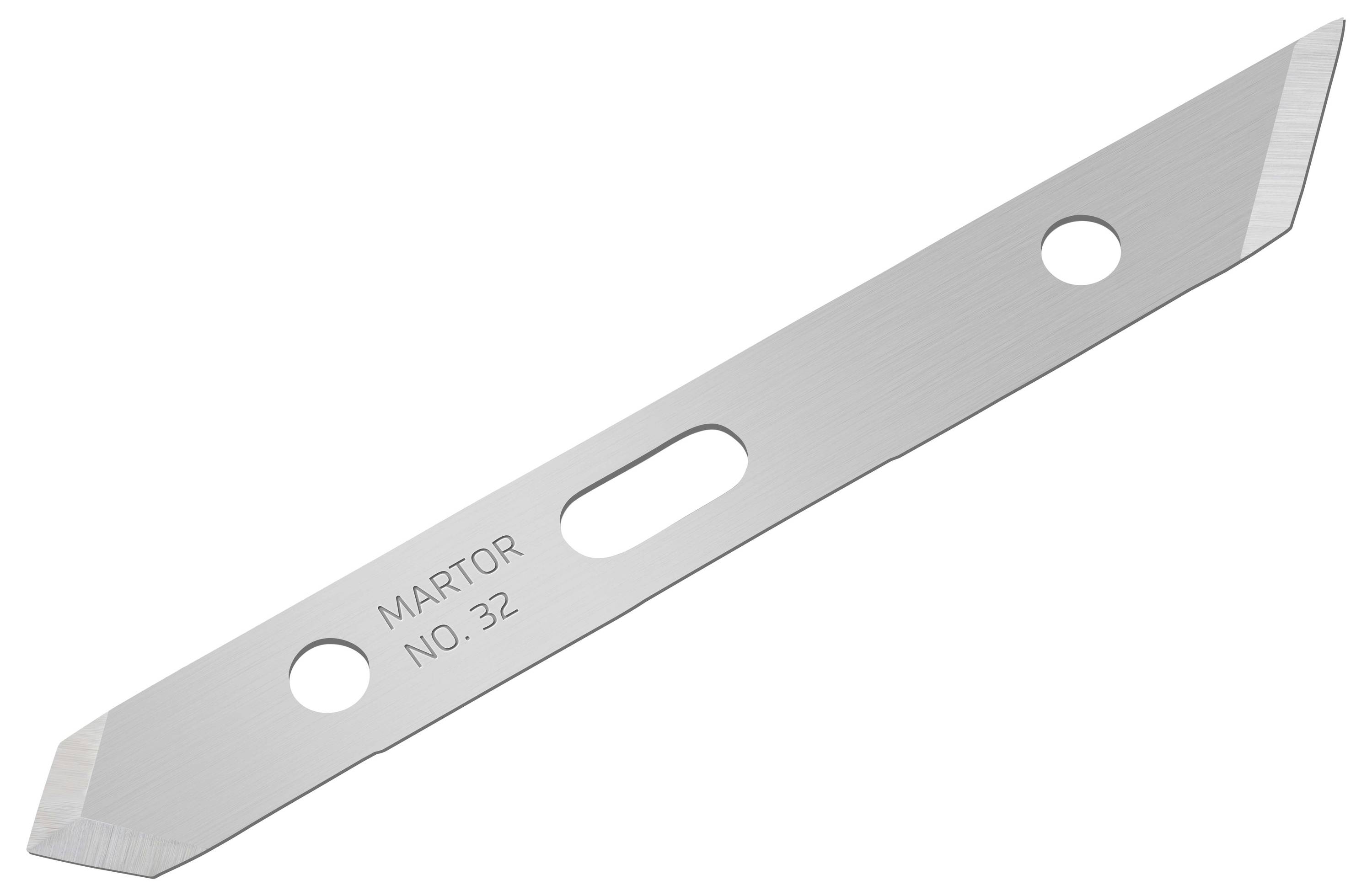 Metal blade with two pointed ends and three holes; one hole shape is rectangular, with 'Martor No. 32' printed beside it.