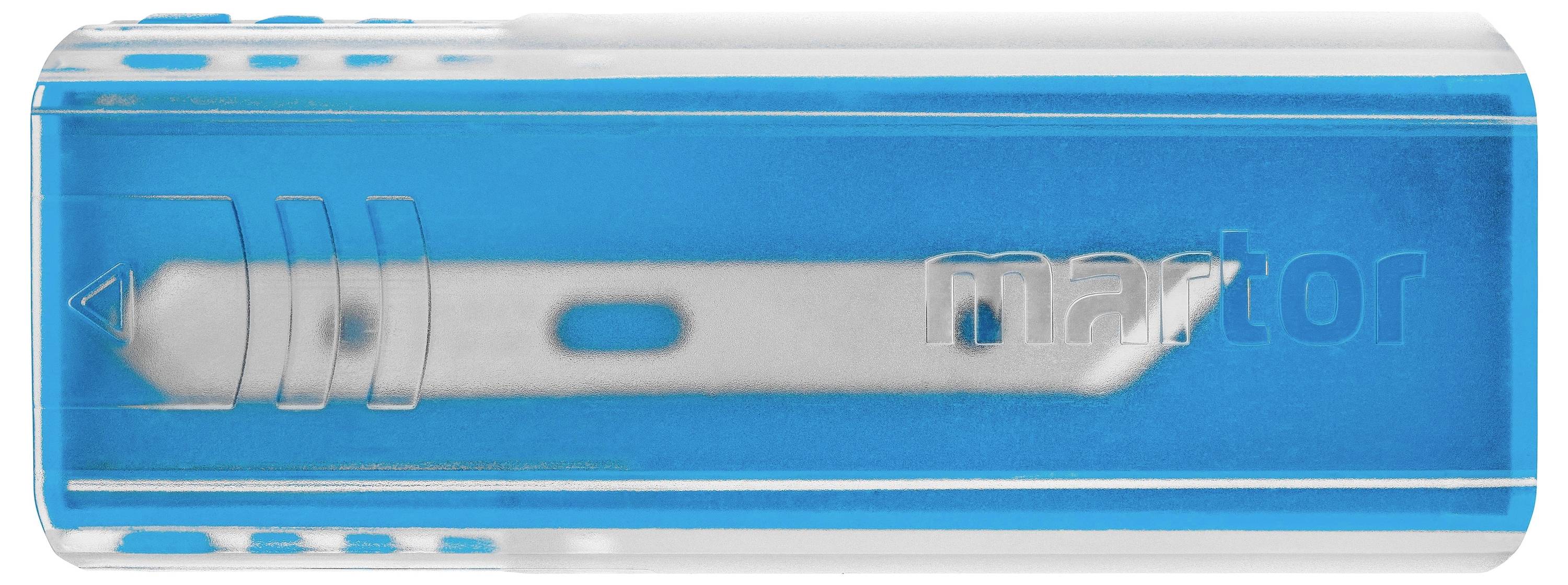 Blue plastic holder with metal blade in the centre, surrounded by protective cover. Marking: 'martor'.