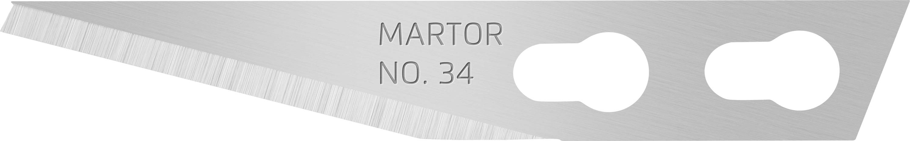 A silver replacement blade with the inscription 'MARTOR NO. 34'. It has a sharp point and two oval recesses.