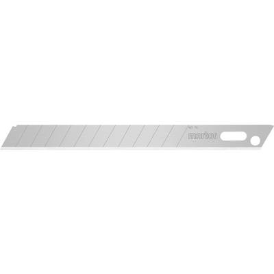 A grey metal carpet knife replacement blade with a bevelled edge and multiple breaking point lines for adjusting the length.