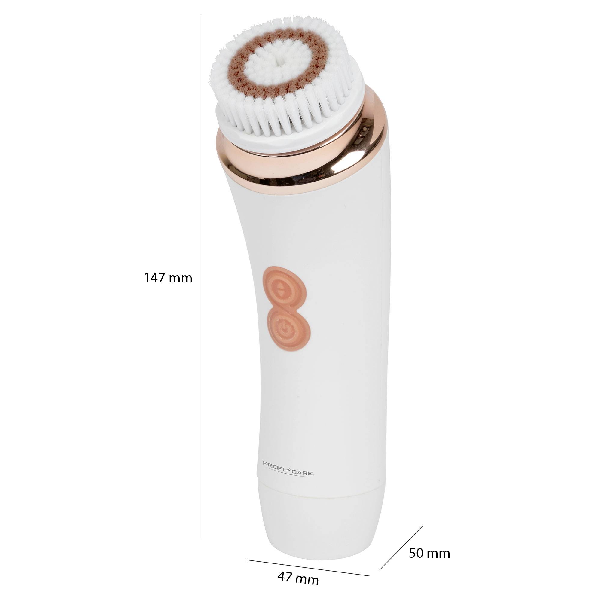 Cleaning brush in white and rose gold with a removable brush head, electric drive and two round orange buttons. Dimensions: 147mm x 50mm x 47mm.