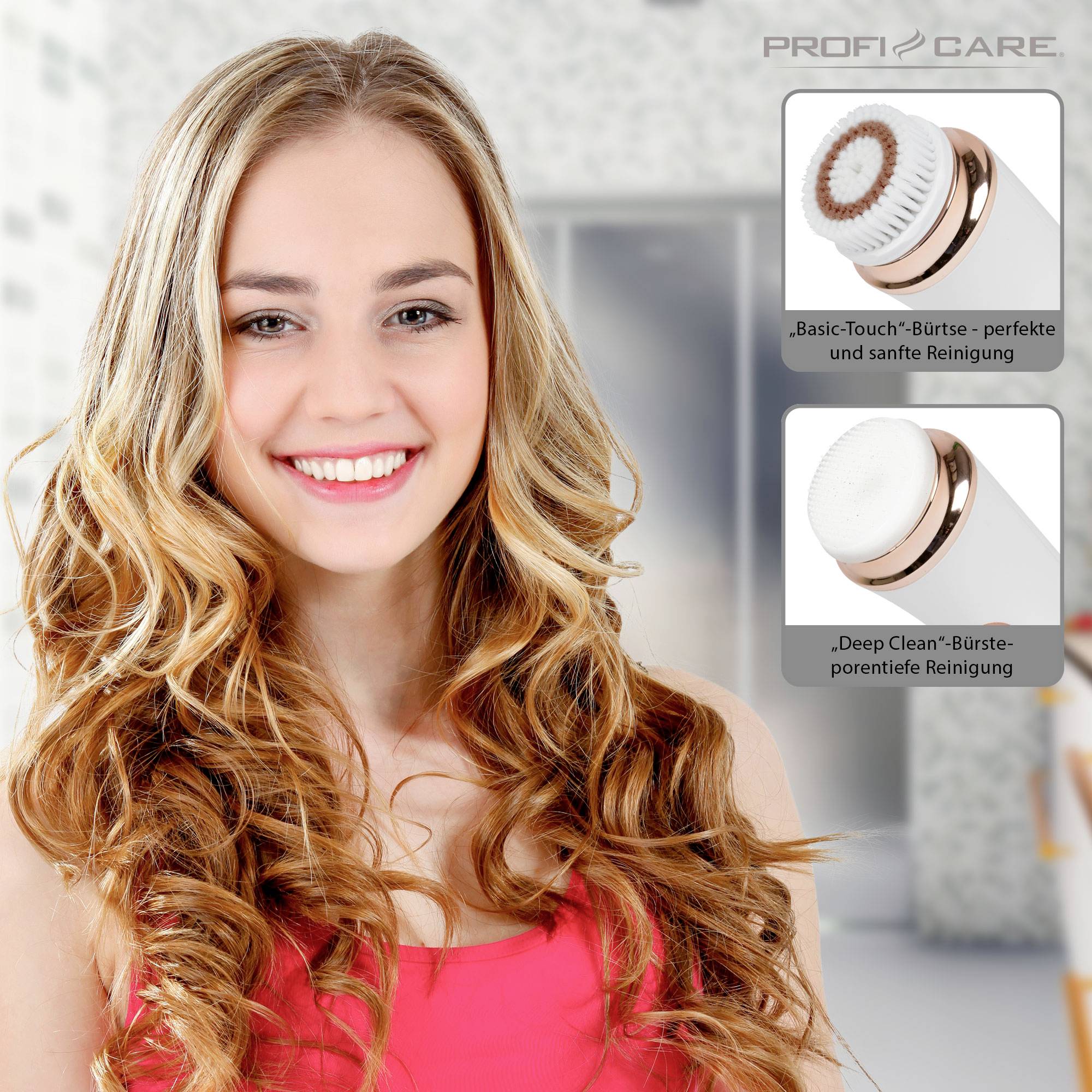 A smiling woman with long blonde hair. Two brushes pictured top right: 'Basic-Touch' for gentle and 'Deep Clean' for thorough cleaning.