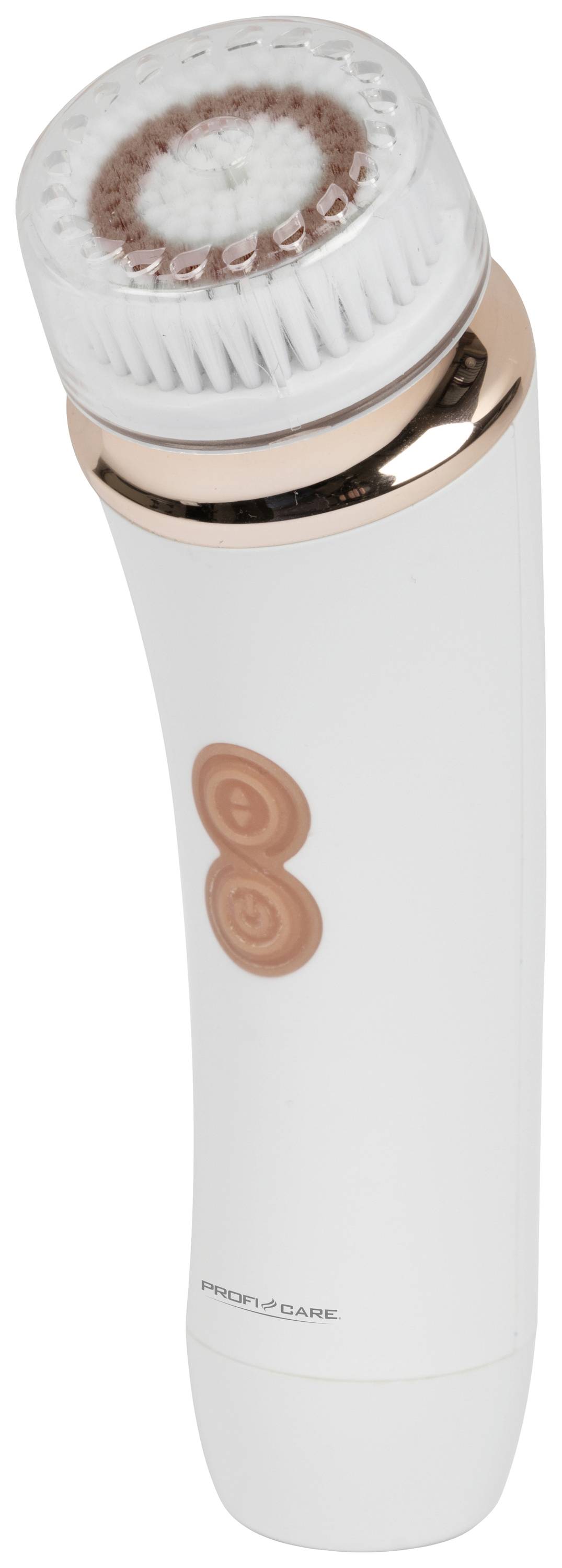 Electric facial brush with a round brush head on top and two buttons on the handle; White with gold-coloured accents.