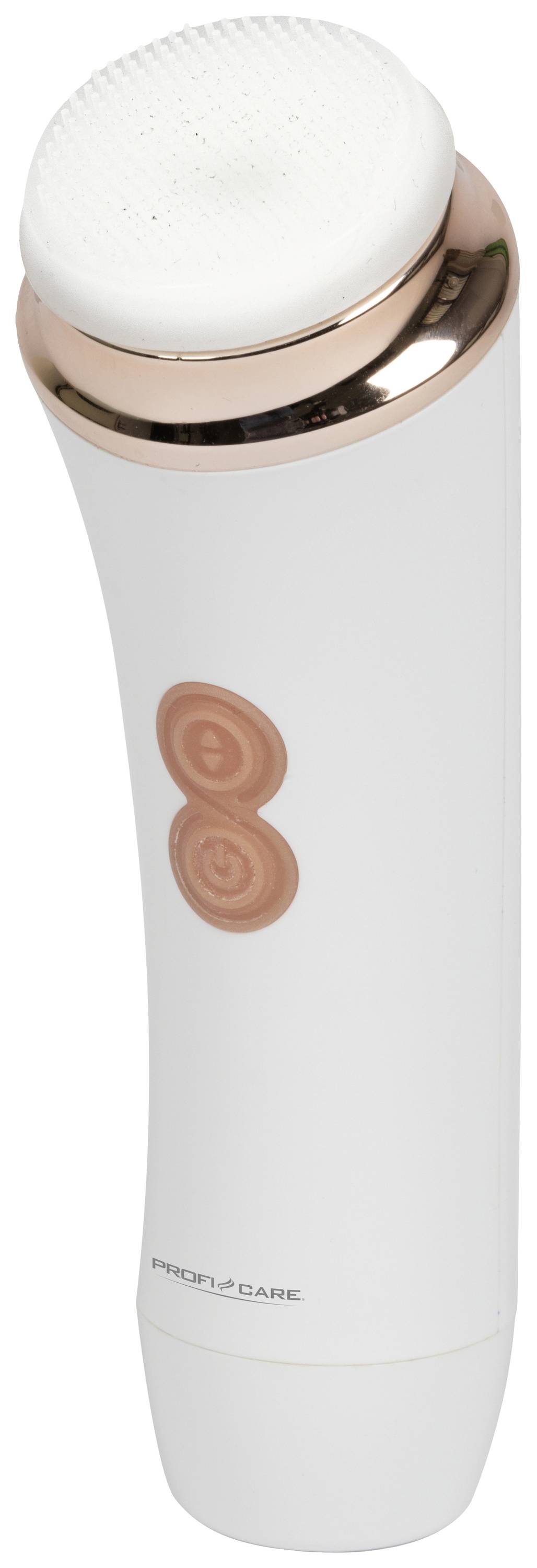 Electronic facial brush in white with golden details and two buttons on the front.