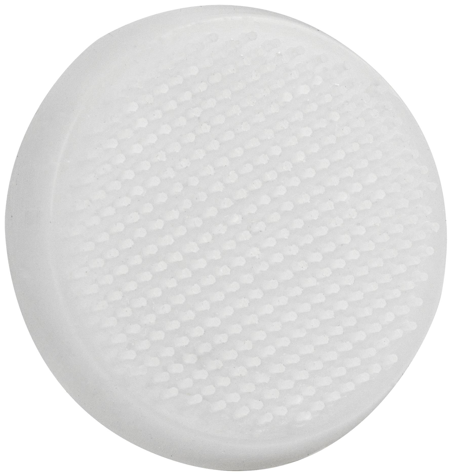 Round, white, flat object with a textured surface. Possibly a massage device or cleaning accessory.