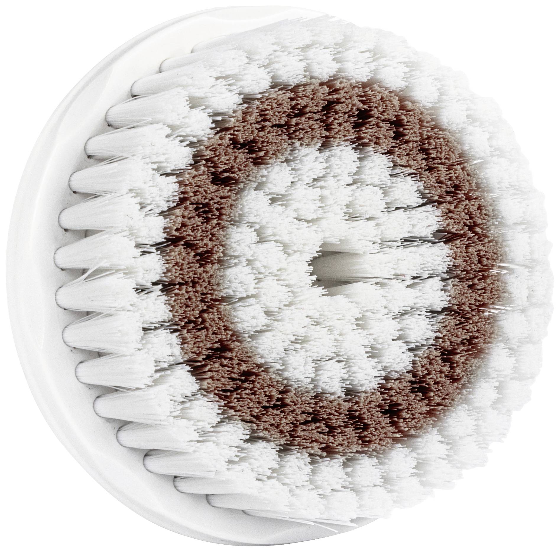 Round brush head with white and brown bristle pattern, used for cleaning or for an electric cleaning device.