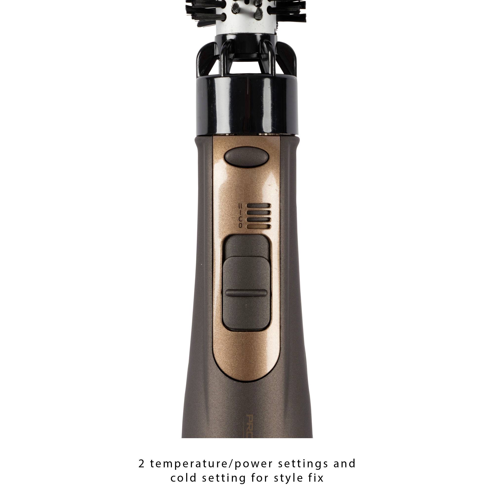 Brown electric curling tong with two temperature/power settings and cool shot function to set the hairstyle.