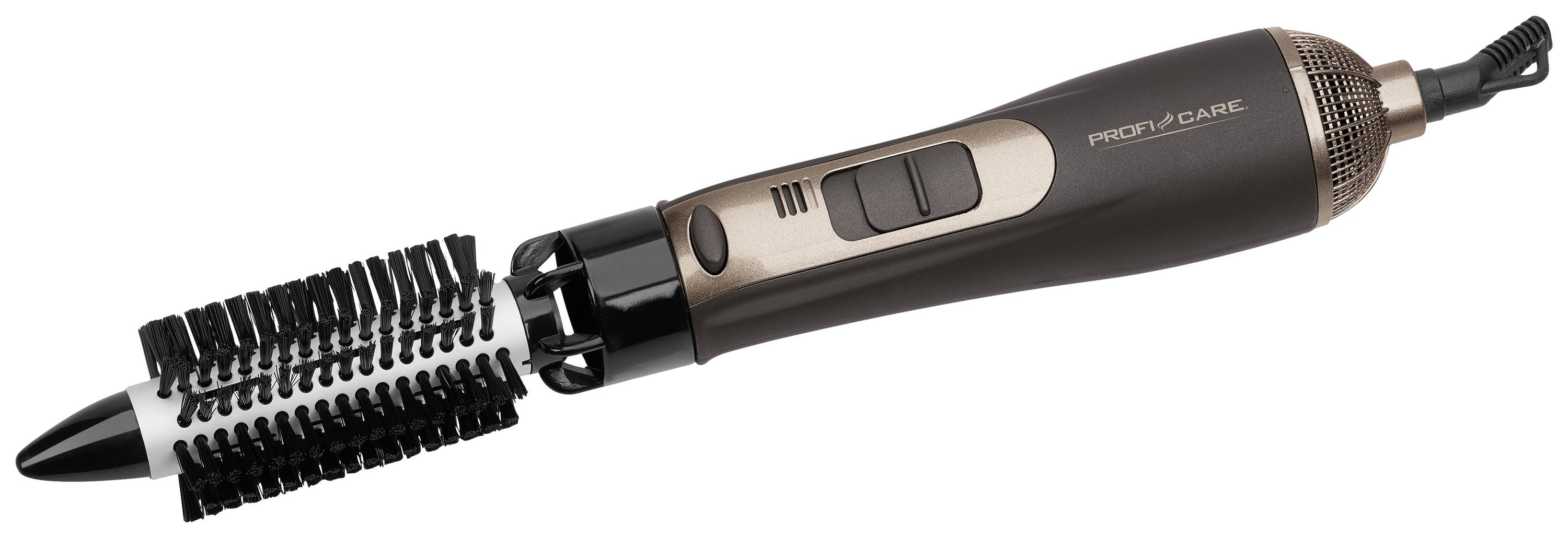 A rotating hot air styler in brown with bristles and multiple setting buttons lies on a white background.