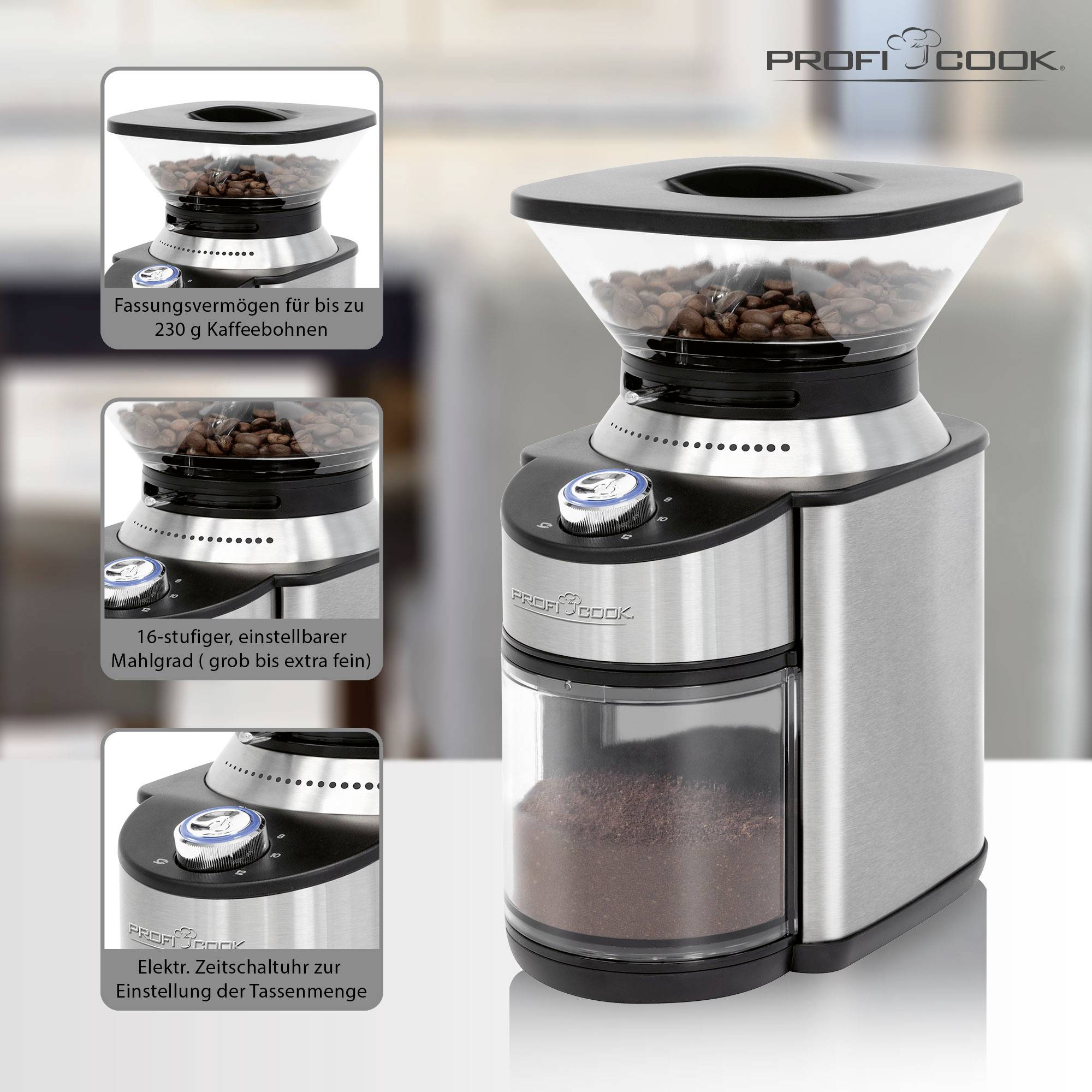 Stainless Steel Electric Coffee Grinder with Container. Capacity of 230g Coffee Beans. 16-Stage Grinding Adjustment.
