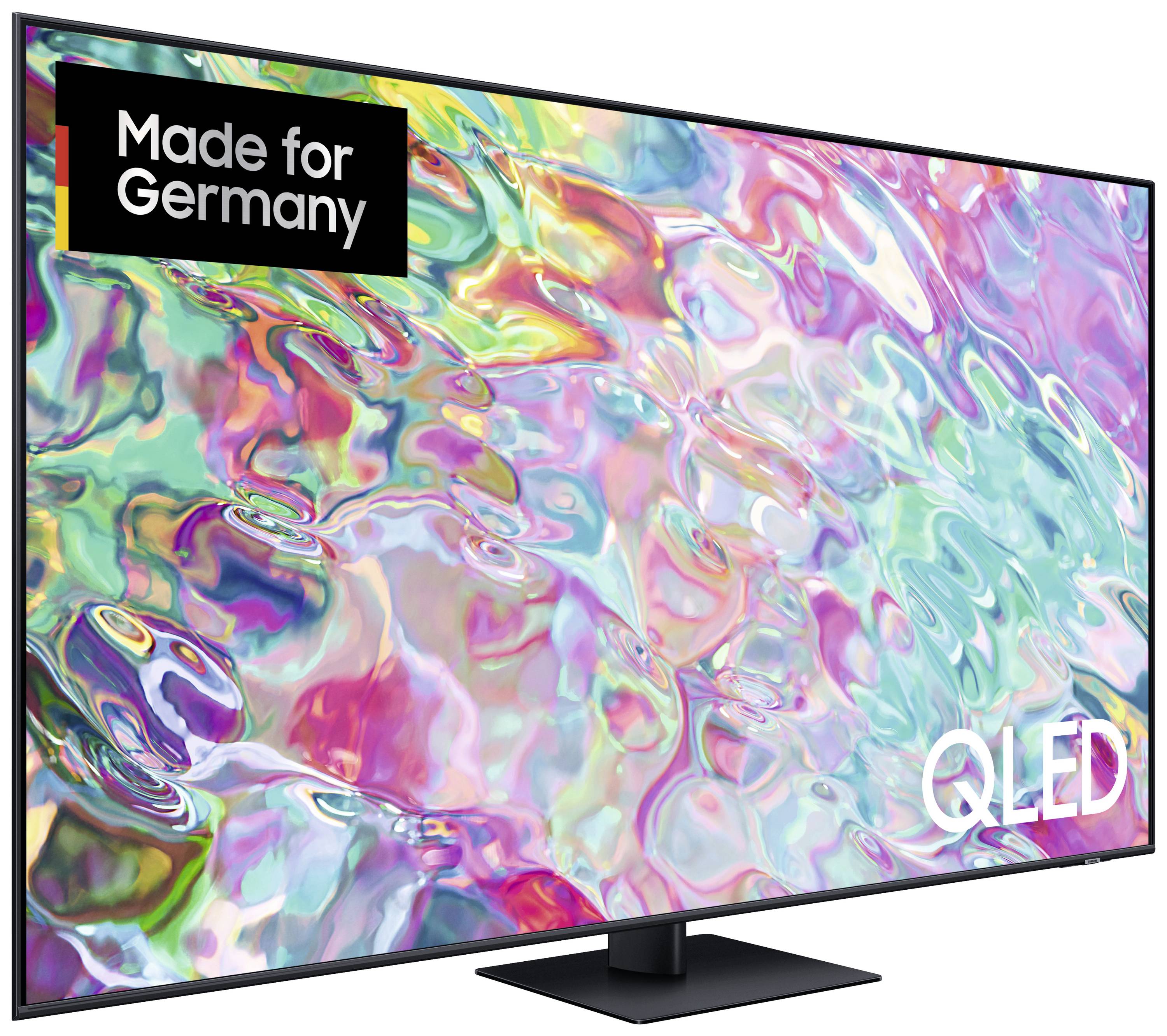 QLED television with an image of colourful light reflections. In the top left corner, it reads 'Made for Germany'.