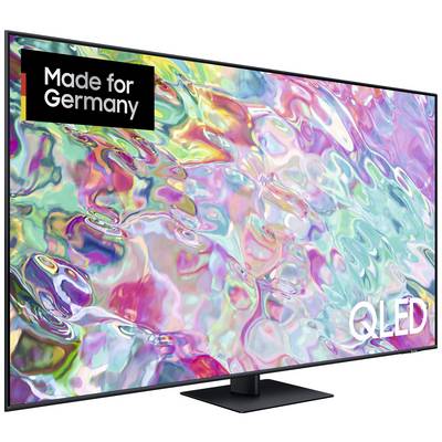 QLED television with an image of colourful light reflections. In the top left corner, it reads 'Made for Germany'.