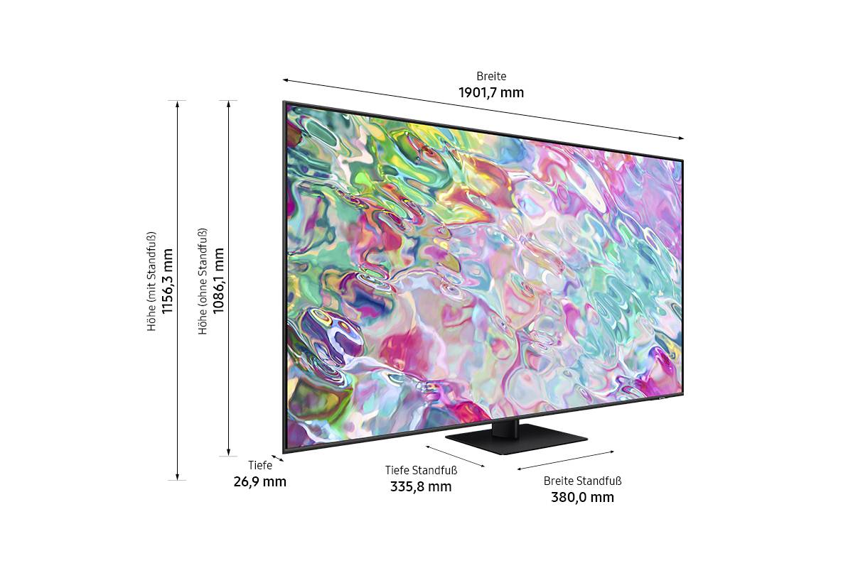 LED television with colourful screen pattern, dimensions: Width 1901.7 mm, Height 1086.1 mm, Depth 26.9 mm. Wide stand base 380 mm, Depth 335.8 mm.