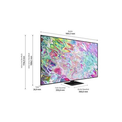 LED television with colourful screen pattern, dimensions: Width 1901.7 mm, Height 1086.1 mm, Depth 26.9 mm. Wide stand base 380 mm, Depth 335.8 mm.