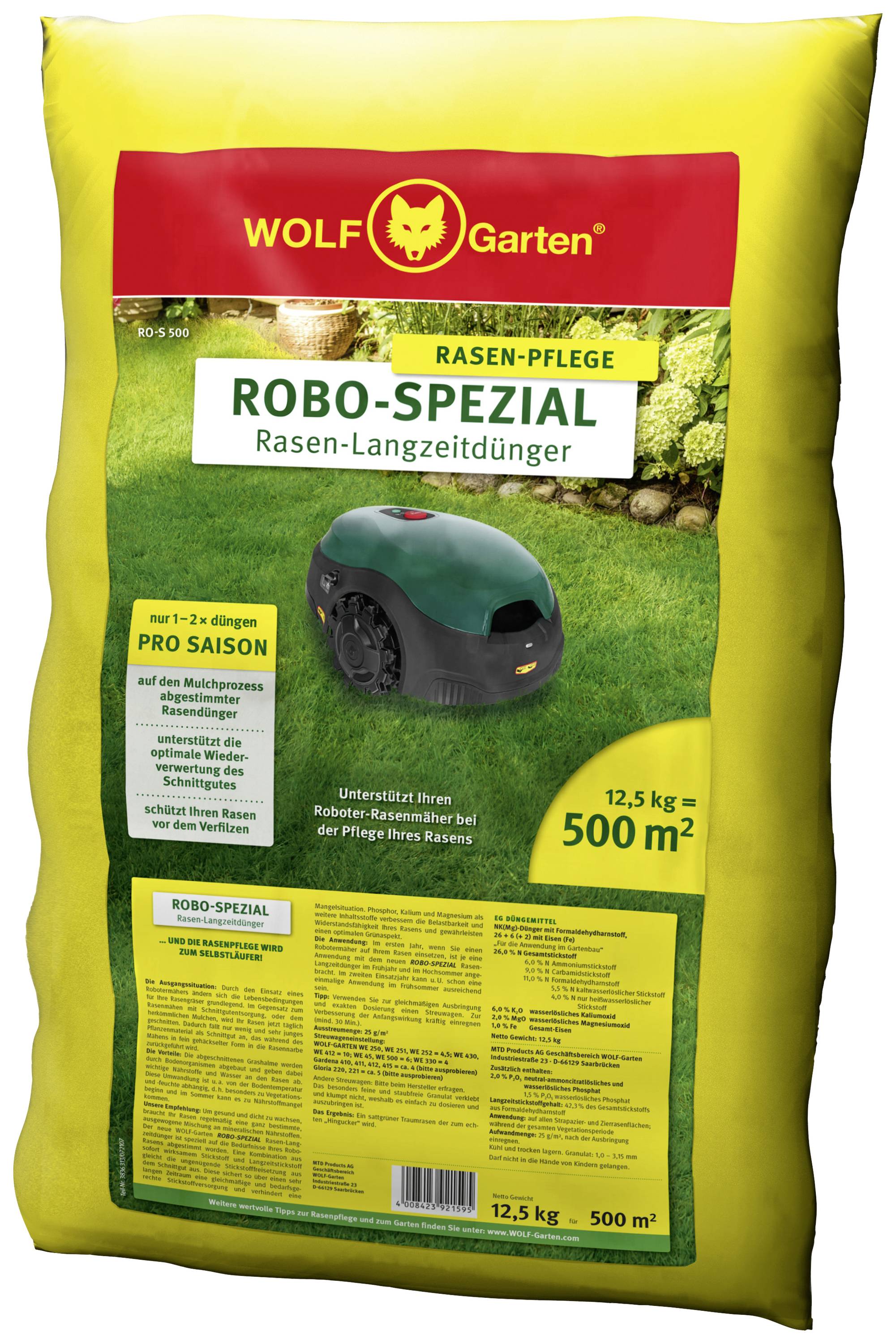 Yellow bag with WOLF-Garten logo. Contains Robo-Special Lawn Long-Term Fertiliser for 500 m². Promotes robotic mower use, 12.5 kg.