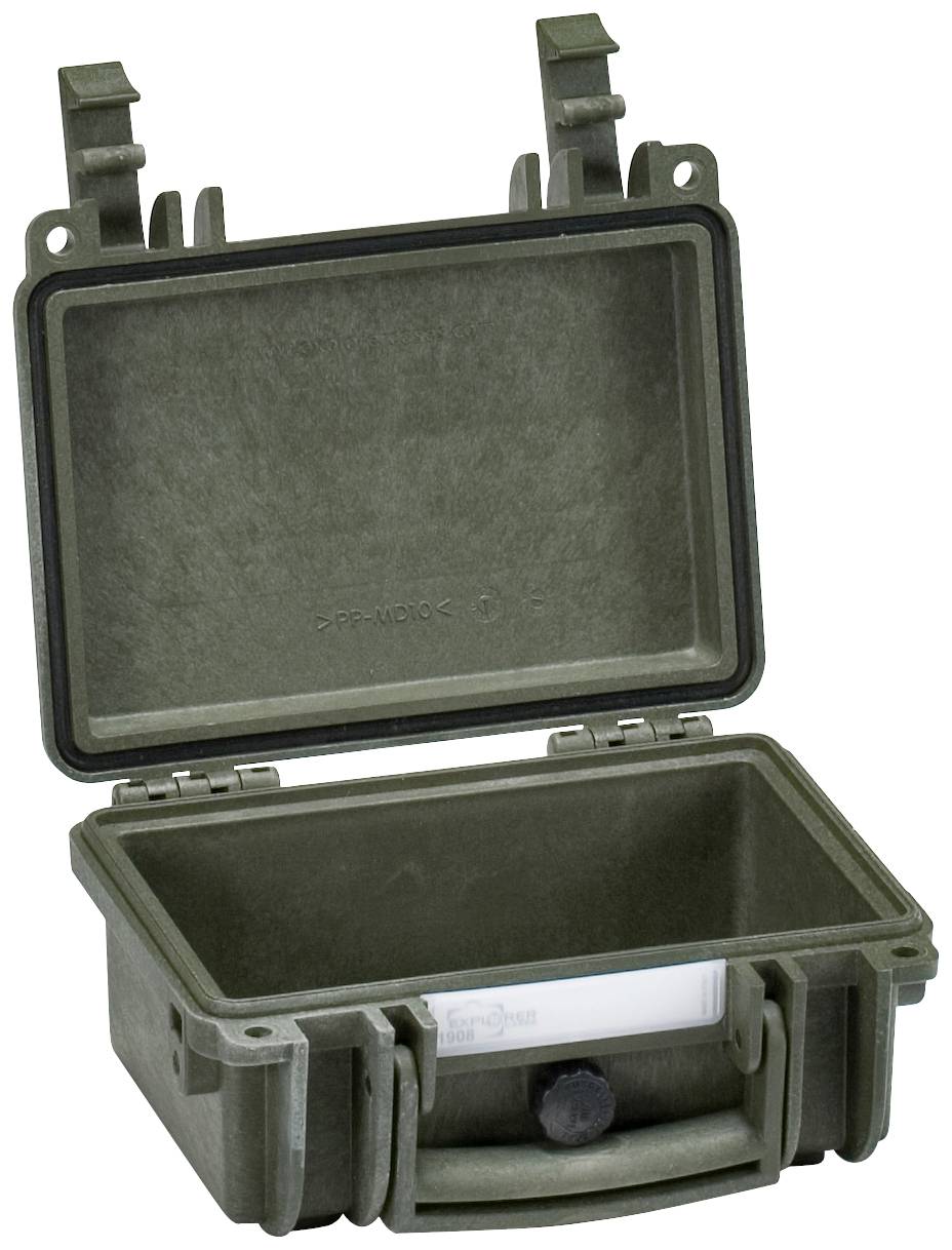 Green, open, robust protective case with a simple closure mechanism, suitable for securely storing small devices or delicate items.