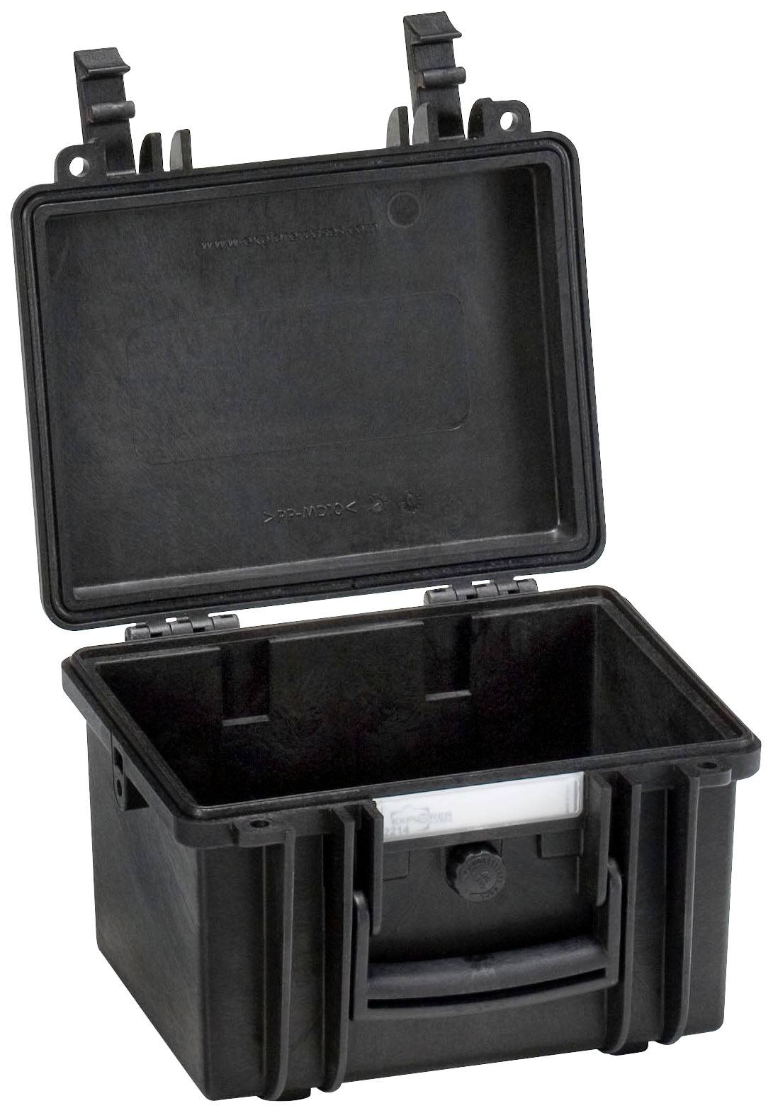 An open black plastic case with a sturdy handle and locking mechanisms, suitable for storage or transportation.