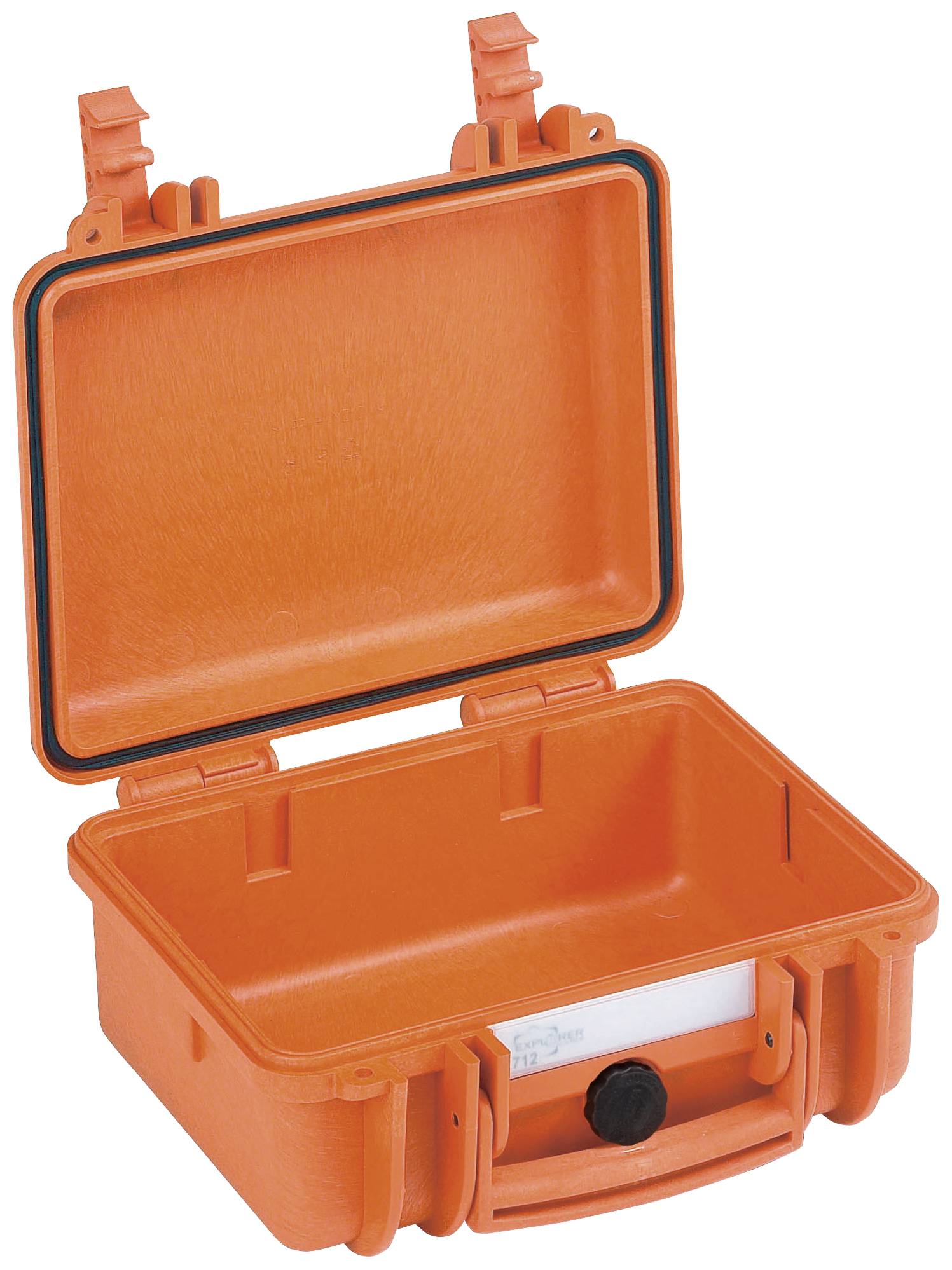 An opened, orange hard-shell suitcase with a black clasp. Ideal for securely storing delicate items.