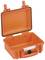 An opened, orange hard-shell suitcase with a black clasp. Ideal for securely storing delicate items.