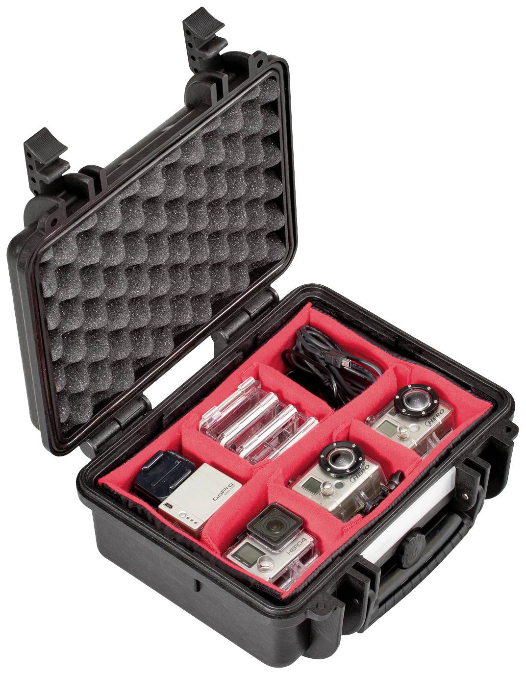 Opened black suitcase with red foam interior, two action cameras and accessories neatly arranged inside.