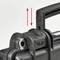 A black suitcase handle with a red arrow pointing up and down, possibly illustrating a height adjustment.