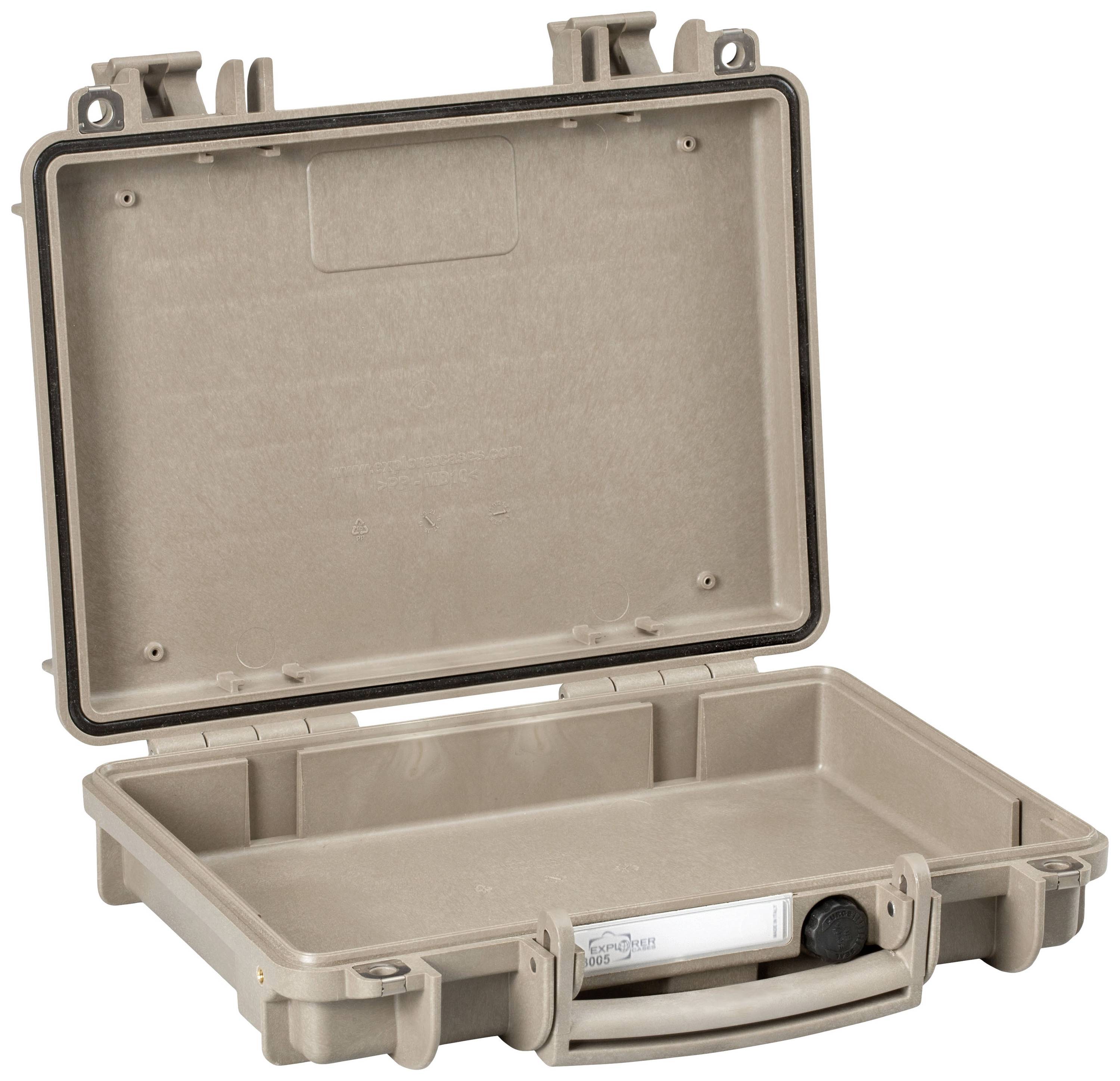 An opened, empty hard-shell plastic case with a handle at the front, suitable for the secure transportation of delicate equipment.