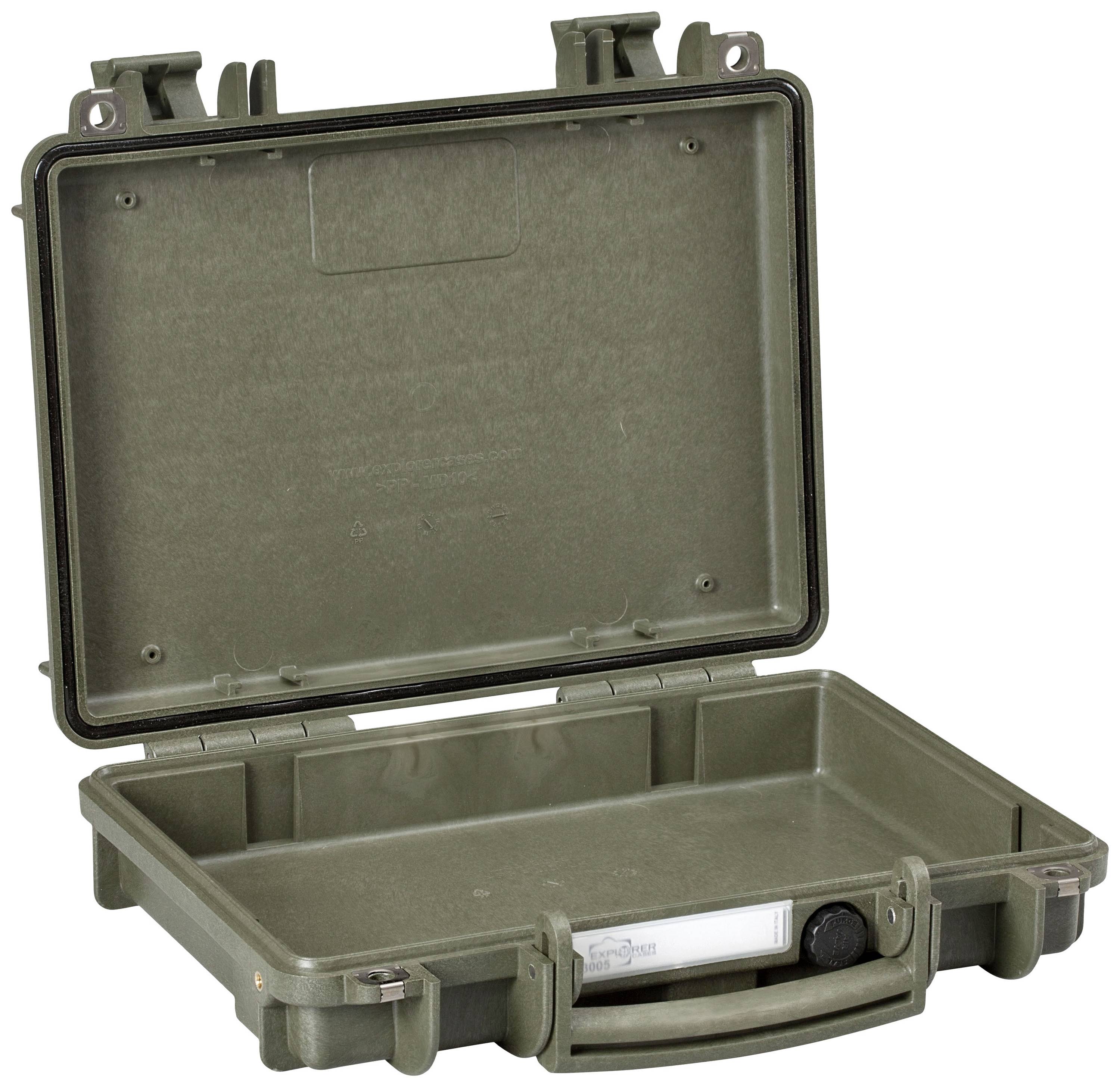 An open, empty green suitcase with a robust exterior and simple closure system.