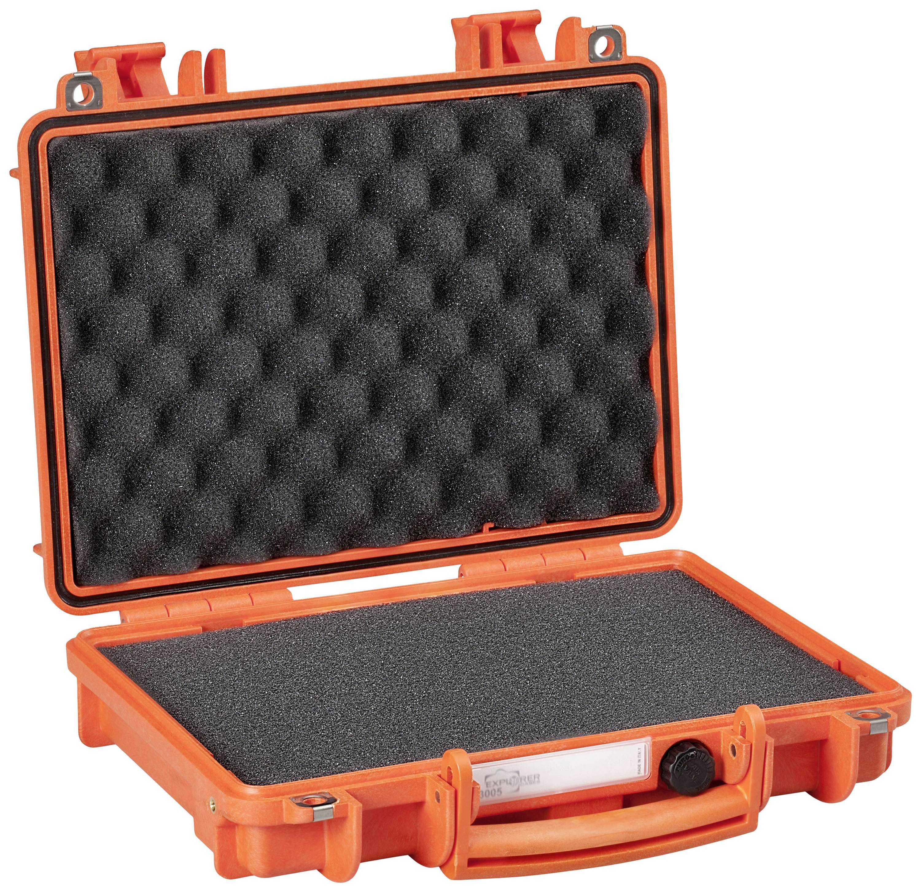 An orange, open suitcase with a black foam insert, suitable for safely transporting fragile items.