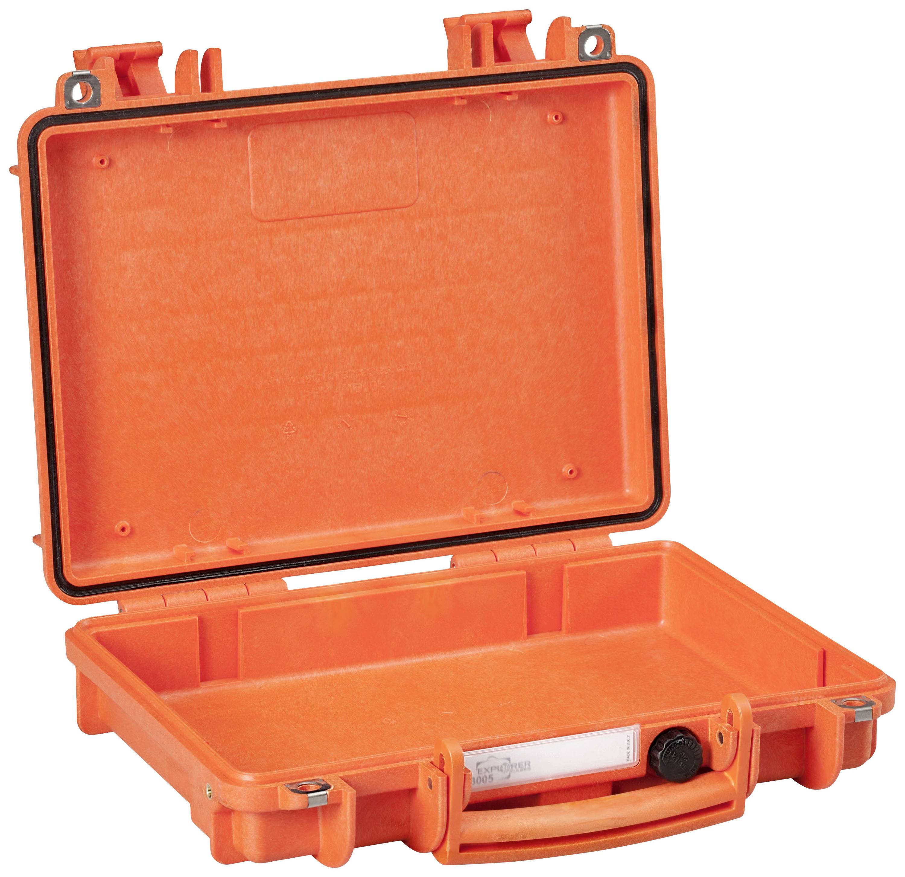 Orange, open protective case with robust edging and secure closure. Suitable for safely transporting delicate equipment.