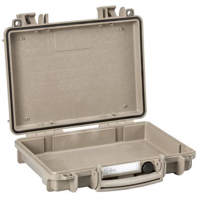 An opened, empty, light brown suitcase with a rigid casing. The suitcase has a handle and two locks on the top.