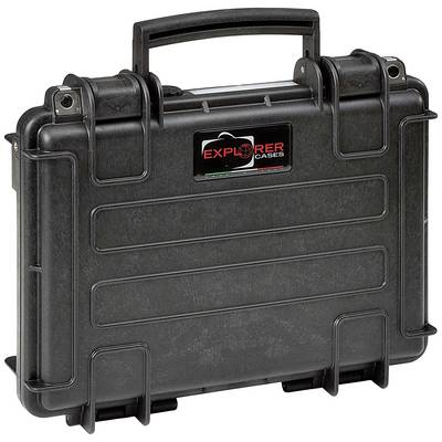 Black, robust suitcase with carry handle and 'Explorer Cases' label. Suitable for safe transportation of delicate equipment.