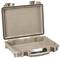 An open, empty brown suitcase with a sturdy casing and a carry handle.