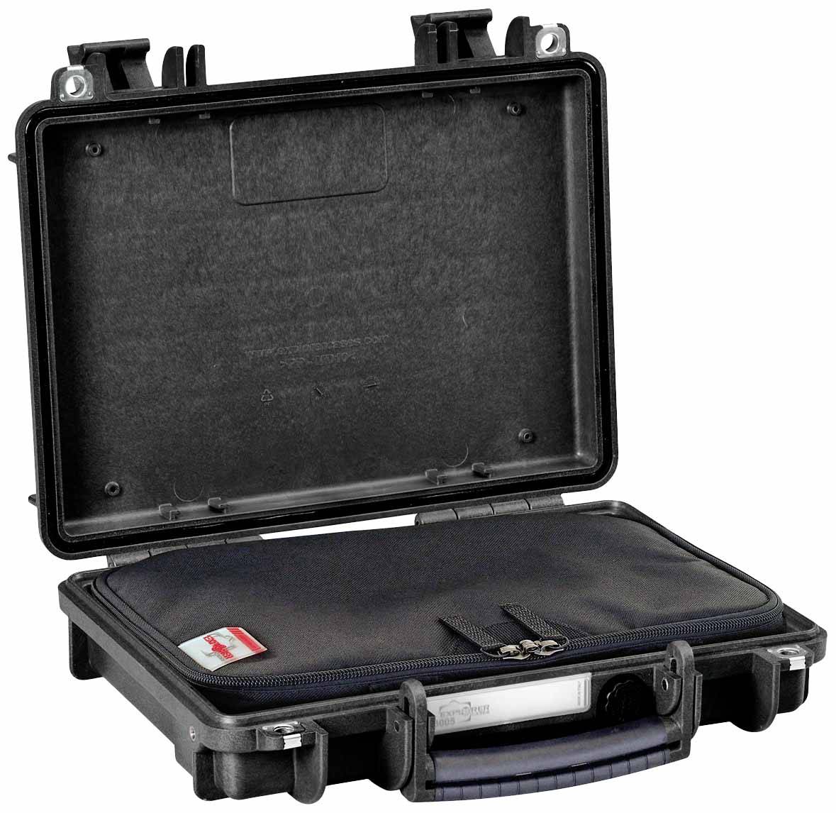 Open black suitcase with a zipped inner compartment, against a grey background.