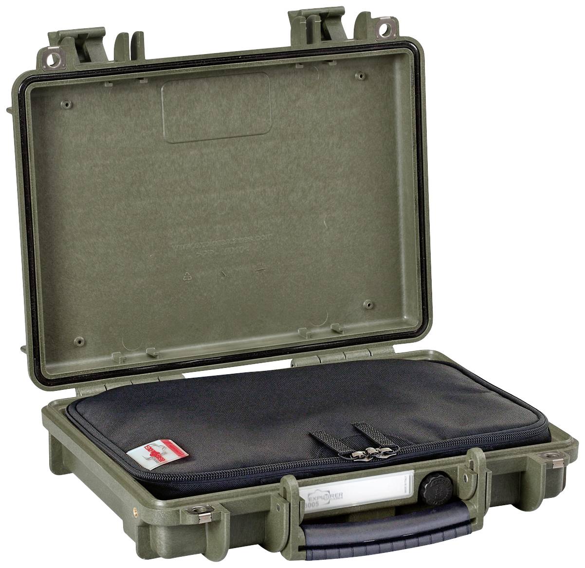 An open, robust suitcase with a black laptop or document sleeve inside. The suitcase is olive green.